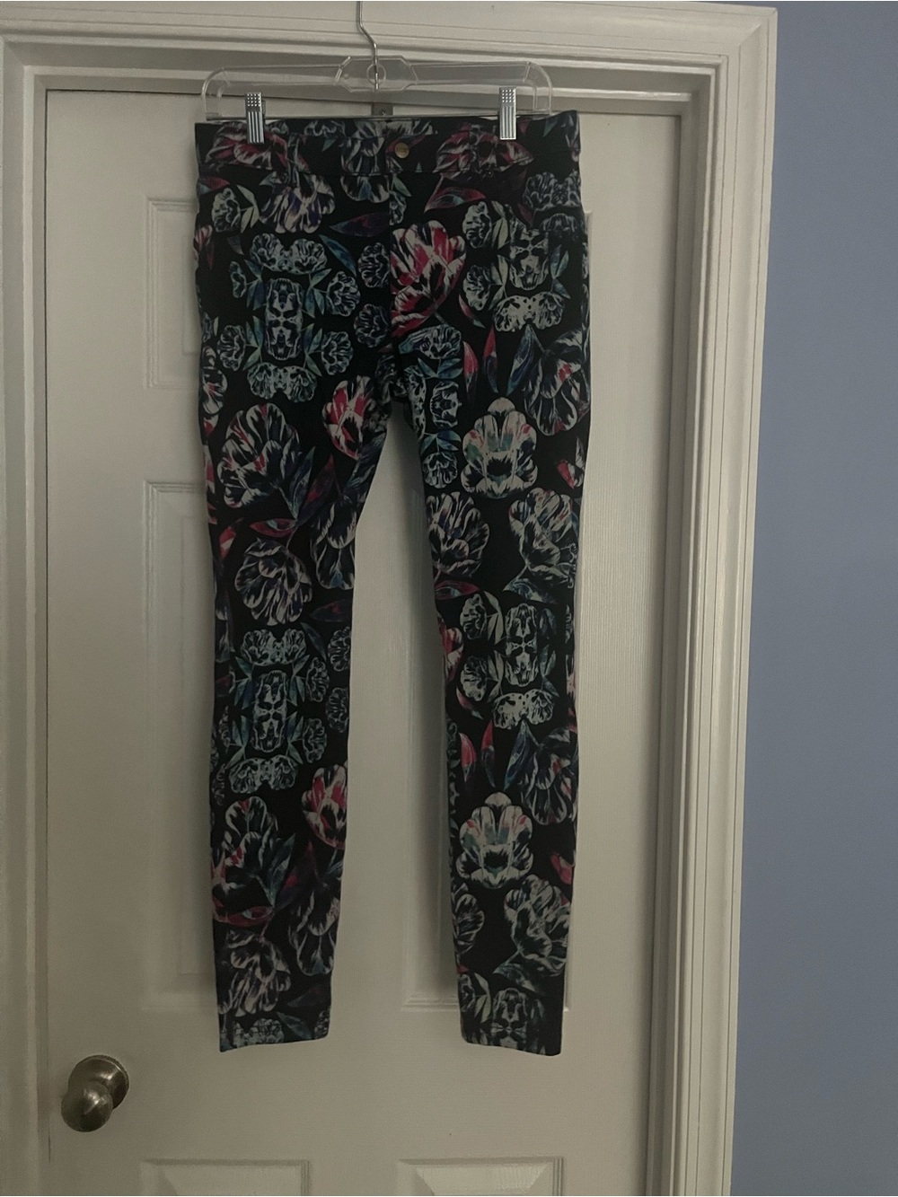 Floral-Pattern Skinny Jeggins in Blue with Multicolor Blooms
